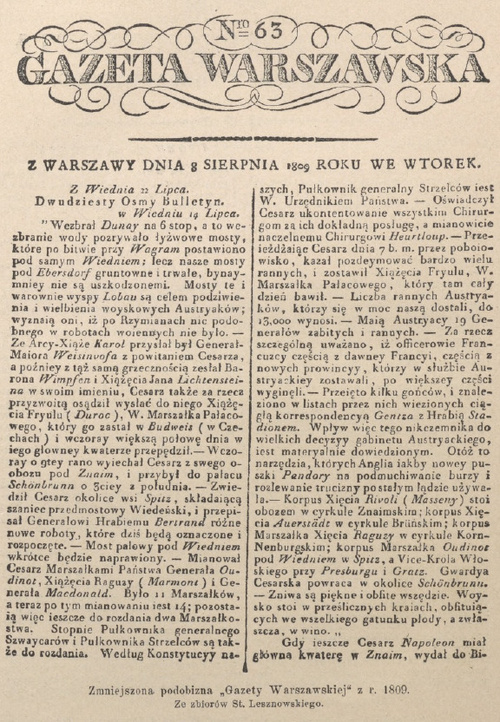 Zmniejszona podobizna „Gazety Warszawskiej “ z r. 1809. Ze zbiorów St. Lesznowskiego.