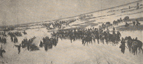 Palenie sztandarów francuskich nad Berezyną. Z panoramy W. Kossaka i J. Fałata.