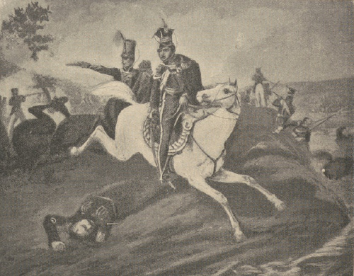 Książę Józef Poniatowski rzucający się wpław przez Elsterę d. 19 paźdz. 1813 r. Z obrazu Yerneta.
