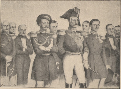 Ks. Menszykow hr. Nesselrode, W. Ks. Aleksander Ces. Mikołaj I. W. Ks Konstanty, Cesarz Mikołaj I i jego doradzcy. Według litografii Adolphe’a.