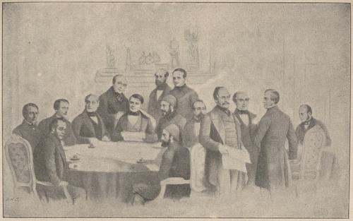 Buol-Schanenstein, bar. Hubner, lord Clarendon, Brunow, hr. Hatzfeld Manteuffel, hr. Orlow, Bourquency, lord Cowley, Benedetti, hr. Cavour, hr. Walewski, Ali-basza, Villamarina, Djemil bej. Kongres paryski w marcu r. 1856. Według współczesnej litografii Adolphe’a.