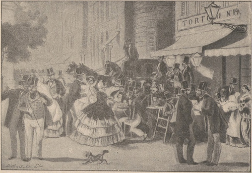 Kawiarnia bulwarowa w Paryżu około połowy wieku XIX. Według rysunku Gućrarda (1856).
