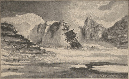 Okręt Kane’a w lodach w kanale Smitha. Według „The second Grinell Expedition”.