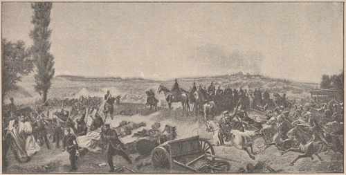 Bitwa pod Sadową d. 3 lipca 1866 r. Wilhelm I ze swoim sztabem. Z obrazu G. Bleibtrena.