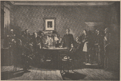 Układy w Donchery o kapitulacyę Sedanu, w nocy 1/2 września r. 1870. Z obrazu A. Wernera.