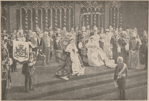 Wilhelmina, królowa holenderska, przyjmuje hołd w wiernopoddańczy ludności (5 lipca r. 1898).