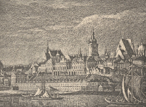 Warszawa na początku wieku XIX. Zamek Królewski ze starego sztychu.