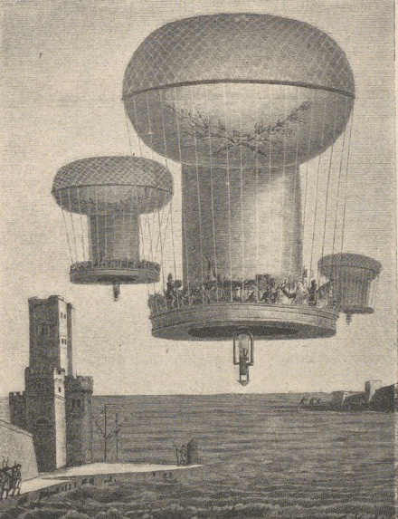 Fantastyczny projekt balonu do przewozu wojsk francuskich do Anglii, według ryciny z roku 1804.