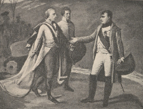 Franciszek II w obozie Napoleona po bitwie pod Austerlitz. Według obrazu Grossa w muzeum wersalskiem.