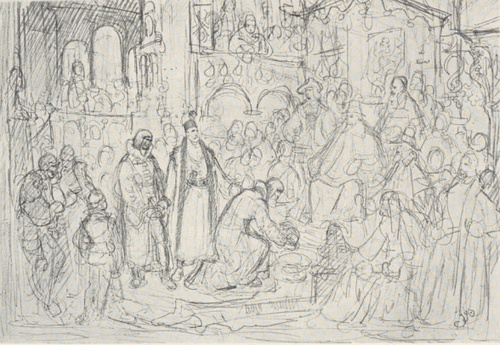103. CAROWIE SZUJSCY PRZED ZYGMUNTEM III (1853). SZKIC, RYS. OŁ. Wł.: Leon Berenson, Warszawa.