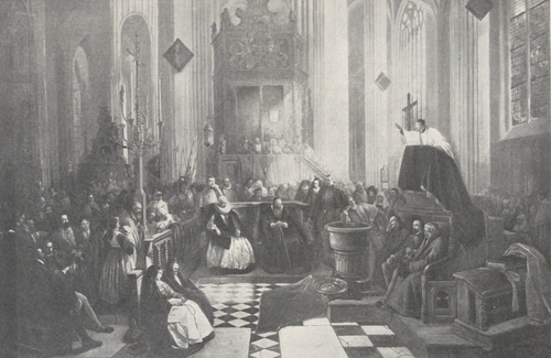 153. H. LEYS (1845): PRZYWRÓCENIE KULTU KATOLICKIEGO W KOŚCIELE N. P. M. W ANTWERPII (1566). Musee d’Art Moderne, Bruksela.