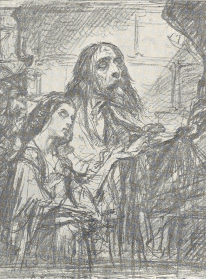 155. OCIEMNIAŁY WIT STWOSZ Z WNUCZKĄ (1863). RYS. OŁ., SZKIC. Wł.: Kazimierz Wóycieki, Warszawa.