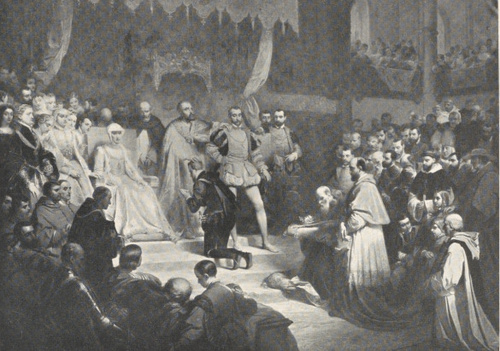 26. L. GALLAIT (1841): ABDYKACJA KAROLA V. Musee d’Art moderne, Bruksela.