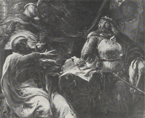 255. KRÓL WŁADYSŁAW ŁOKIETEK ZRYWA UKŁAD Z KRZYŻAKAMI (1879). WŁ: Tow. Zachęty Sztuk P., Warszawa.