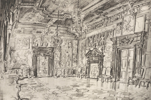 TABL. XXVIII. WNĘTRZE SALI ZAMKOWEJ W PODHORCACH (1882) RYS. OŁ. Wł.: Zofia z Baworowskich hr. Gołuchowska, Lwów.