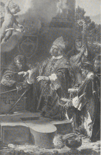 311. BISKUP IWO ODROWĄŻ POŚWIĘCA KAMIEŃ WĘGIELNY POD KOŚCIÓŁ W IWONICZU (1887).Wł.: Zofia Tabęcka, Warszawa.
