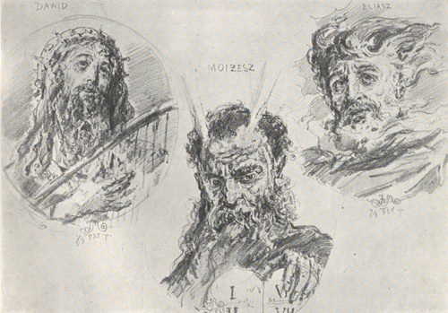 329. PROROCY. SZKICE DO IKONOSTASU ŚW. NORBERTA W KRAKOWIE: DAWID, MOJŻESZ, ELIASZ (1888). RYS. OŁ. Wł.: Kazimierz Bauda, Warszawa.