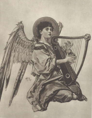 TABL. XXXVI. ANIOŁ GRAJĄCY (1890) — KARTON DO POLICHROMII, AKWARELA.