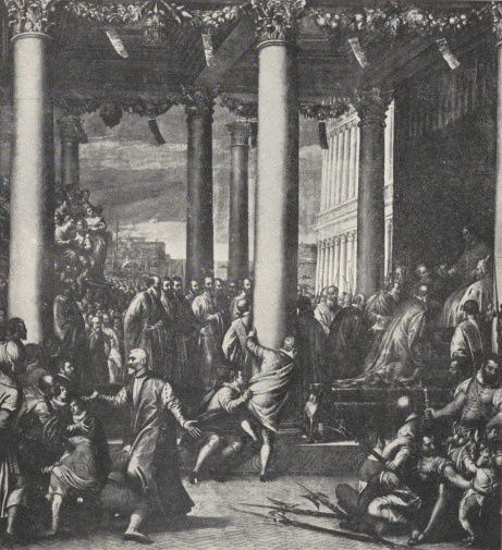 2. UCZNIOWIE PAWŁA VERONESE: PAPIEŻ ALEKSANDER III I DOŻA ZIANI WYSYŁAJĄ POSŁÓW DO F. BARBAROSSY. Pałac Dożów, Wenecja (Fot. Anderson, Rzym). 