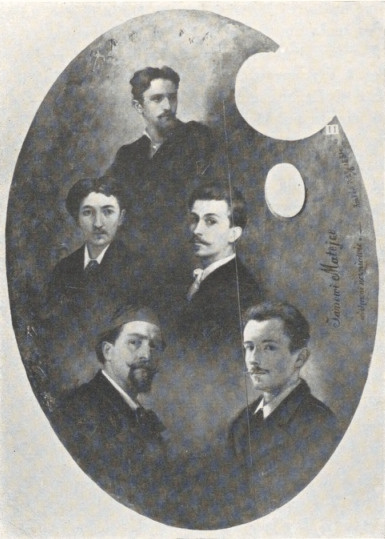 385. UCZNIOWIE J. MATEJKI. PALETA ORIAFOWANA MATEJCE PRZEZ UCZNIÓW W DNIU JEGO IMIENIN 24 VI 1881. U góry: Fr. Żmurko, w środkowym szeregu na lewo: St. Rossowski, na prawo: E. Herncisz, w dolnym szeregu na lewo: S. Buchbinder, na prawo: A. Mroczkowski. 