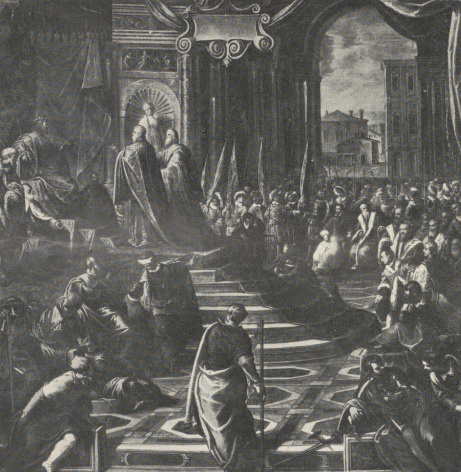4. TINTORETTO: POSŁOWIE WENECCY ŻĄDAJĄ W IMIENIU PAPIEŻA ALEKSANDRA III ZAWARCIA POKOJU. Pałac Dożów, Wenecja (Fot. Anderson, Rzym).