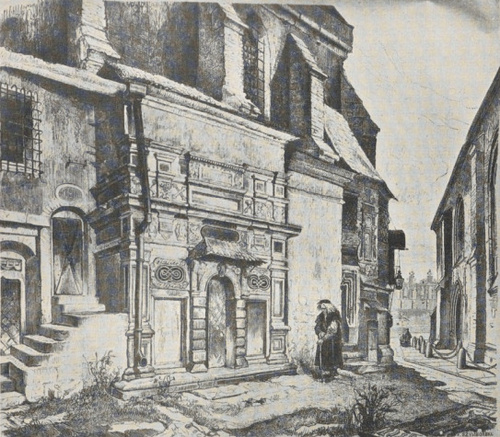 78. ZABUDOWANIA PRZY KOŚCIELE ŚW. BARBARY W KRAKOWIE, RYS. (DRZEWORYT F. SZYMBORSKIEGO).