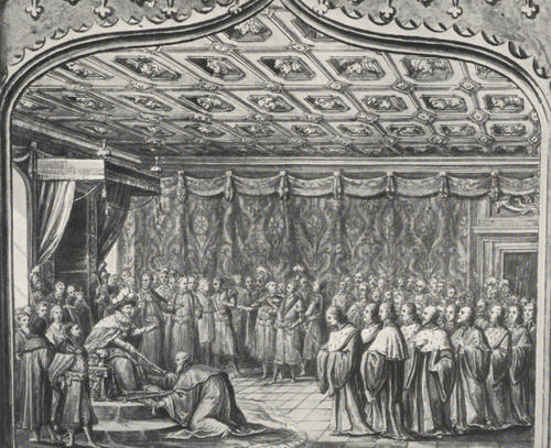 88. M. STACHOWICZ: AUDIENCJA REKTORA J. NAJMANOWICZA U ZYGMUNTA III W SALI POSELSKIEJ NA WAWELU. Bibl. JagielL, Kraków.