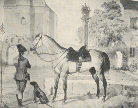 99. KOŃ Z WĘGIERSKIM DŻOKEJEM. TRAUERSDORF 1857. AKWARELA