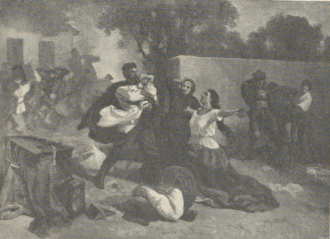 140. POŻAR DWORU POD MIECHOWEM. 1864-5. OLEJNY NA PŁÓTNIE