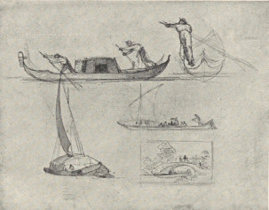 278. GONDOLE I GONDOLIERZY. WENECYA 1864. SZKIC OŁÓWKIEM