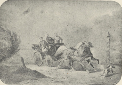 28. A. GROTTGER: WYJAZD NA POLOWANIE. ZAGÓRECZEK 1849. AKWARELA