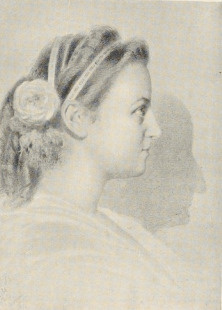 321. PORTRET NARZECZONEJ Z CIENIEM PROFILU ARTYSTY. LWÓW 1866. RYSUNEK KREDKĄ I KOLOROWYM OŁÓWKIEM