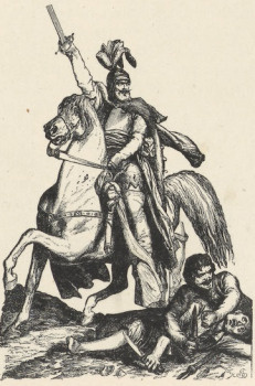 35. PUŁKOWNIK JURISICZ, FRAGMENT DRZEWORYTU (MUSSESTUNDEN 1862)
A teraz przejdźmy do Juliusza Kossaka!
Niewątpliwie wpływają akwarele jego, i to także techniką swą, na młodociane prace Grottgera. Ale przez ten mózg przeleci wnet tyle melodyi przeróżnych, wesołych i smutnych, skocznych i tęsknych, rodzimych lub obcych, że mu ta jedna, stała, spokojna i »na sobie przystająca« piosnka na swojską nutę nie wystarczy. Może nawet, instynktowo czując, że dążyć będzie w przyszłości ku zupełnie innym celom, niejednego momentu szczerej poezyi, głębokiego sielankowego sentymentu i wczucia się w krajobraz w sztuce Kossaka wówczas już nie doceniał.
</p><p>#38C{36. UŁANKA, LWÓW 185. AKWARELA