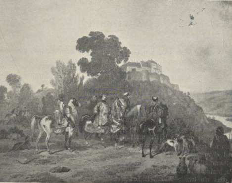 47. POLOWANIE Z SOKOŁEM. WIEDEŃ 1854-6. AKWARELA