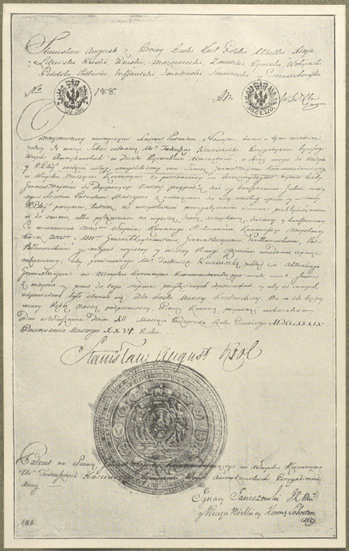Patent na jenerał-majora dany Tadeuszowi Kościuszce w r. 1789. (Muzeum ks. ks. Czartoryskich w Krakowie.)