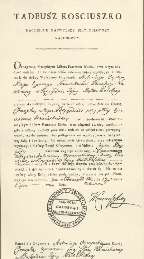 Patent na namiestnika kawaleryi z podpisem Kościuszki. (Biblioteka Jagiellońska w Krakowie.).
