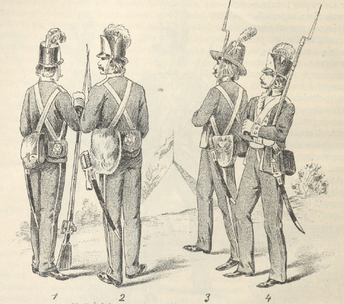 1) Żołnierz z regimentu Nr. 8 generała Potockiego; 2) Żołnierz z regimentu generała Raczyńskiego; 3) Żołnierz z regimentu Czapskiego;4) Żołnierz z regimentu Nr. 1 królowej Jadwigi.