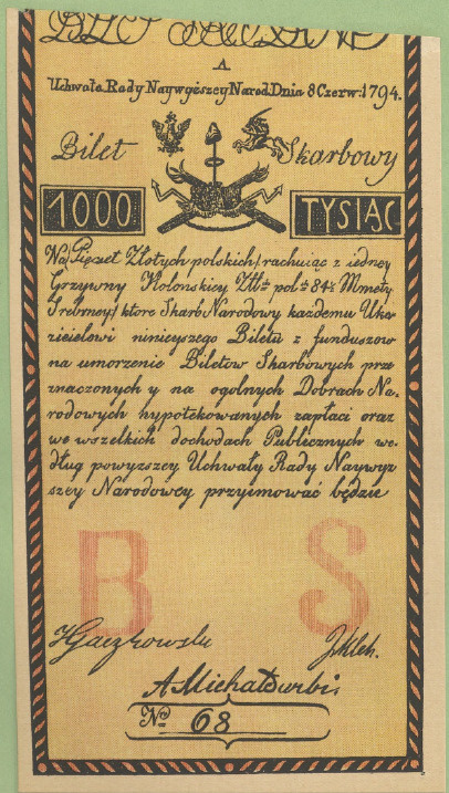 Bilet skarbowy na 1000 zł polskich z r. 1794. (Muzeum Narodowe w Rapperswilu.).