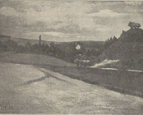 Nr. 67. Widok wsi Janowiczek i Racławic oraz góry Zamczysko od południa, malował z natury Wawrzeniecki 1893.