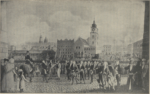 Przysięga Tadeusza Kościuszki na rynku krakowskim 24 marca 1794 r. według współczesnego obrazu Michała Stachowicza (z fotografii J. Kriegera w Krakowie).