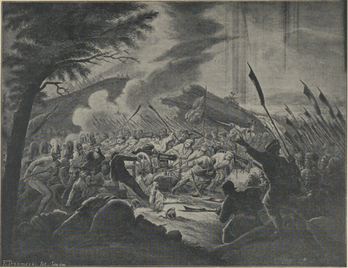 Bitwa pod Racławicami dnia 4 kwietnia 1794 r. Obraz słynnego malarza Casanowy, przyjaciela Kościuszki, malowany pod jego okiem i według jego wskazówek, pomieszczony w Muzeum polskiem w Rapperswylu w Szwajcaryi.