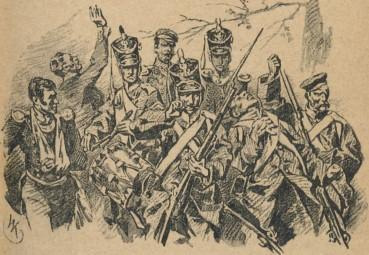 FRAGMENT Z OBRAZU W. KOSSAKA, PRZEDSTAWIAJĄCEGO BITWĘ POD OLSZYNKĄ.